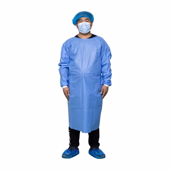 Fábrica de China Precio al por mayor Azul Amarillo Rojo Blanco 30GSM 40GSM Delantal Traje PP PE SMS Uniforme médico desechable Bata de aislamiento quirúrgico para hospital