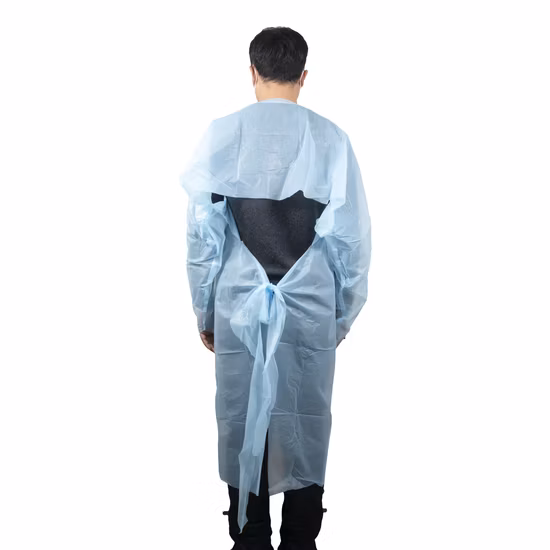 AAMI Nivel 3 Protección Unisex Plástico CPE Batas Anti-Virus Ropa protectora Impermeable Thumb Loop Aislamiento desechable CPE Bata