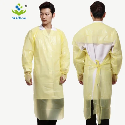 Traje de aislamiento de plástico no tejido, impermeable, desechable, de manga larga, delantal desechable de HDPE, bata protectora de CPE con presilla para el pulgar